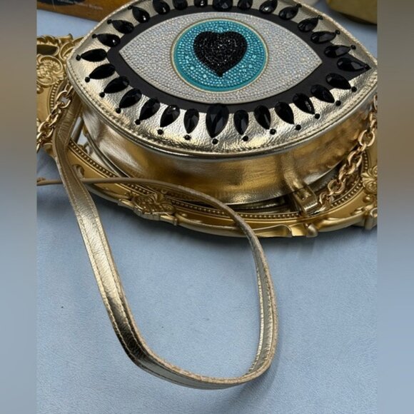 🆕 BETSEY JOHNSON 🧿 NWOT Eyes Have It, Gold Evil Eye Bead Crossbody Bag *FLAW* - Picture 15 of 16